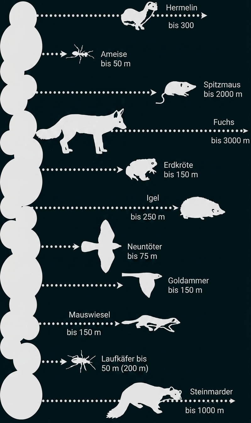 Hecke links, Silhouetten verschiedener Tiere rechts mit Angaben ihrer maximalen Strecken (Meter)